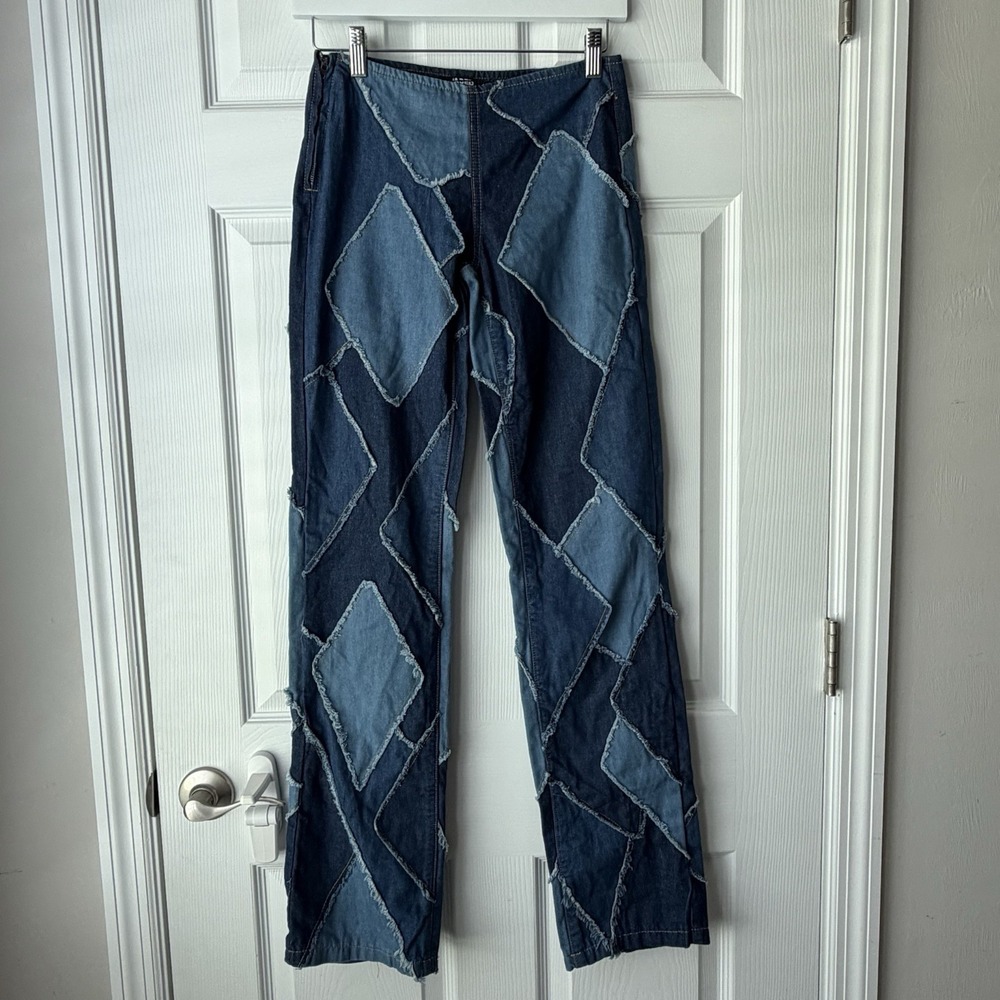 Jaded London Jeans Womens 24 Blue Diamond Patchwork Extreme Low Rise Y2K Style